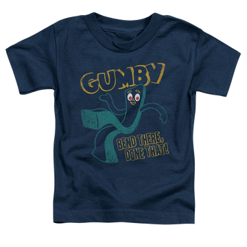 Navy kid's t-shirt for ages 4 to 7 with Gumby Bend There graphic