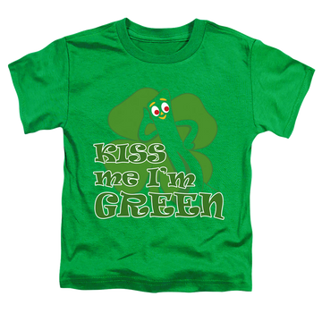 Kelly green toddler t-shirt with Gumby Kiss Me Im Green graphic