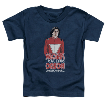 Navy kid's t-shirt for ages 4 to 7 with Mork & Mindy Come In Orson graphic