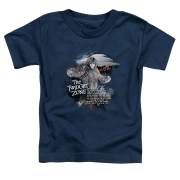 Navy kid's t-shirt for ages 4 to 7 with The Twilight Zone Science&Superstition graphic