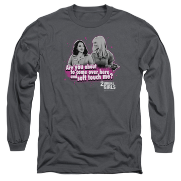 Charcoal men's long sleeve t-shirt with 2 Broke Girls Soft Touch graphic
