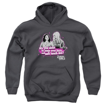 Charcoal youth hoodie for ages 8 to 12 with 2 Broke Girls Soft Touch graphic