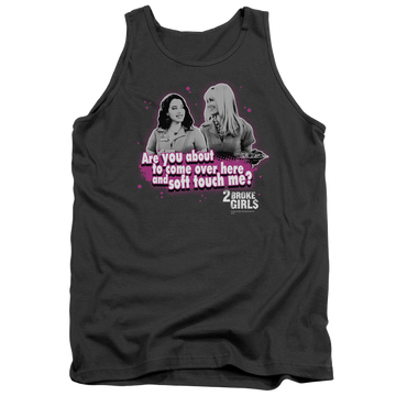 Charcoal men's tank with 2 Broke Girls Soft Touch graphic