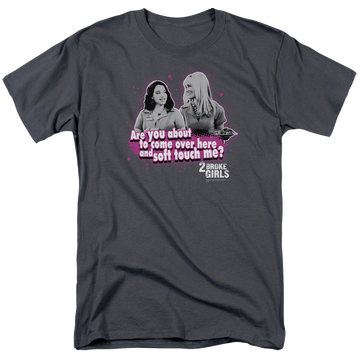 Charcoal men's regular fit t-shirt with 2 Broke Girls Soft Touch graphic