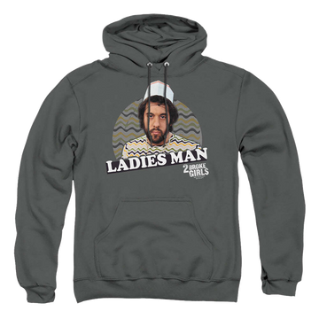 Charcoal pullover hoodie with 2 Broke Girls Ladies Man graphic