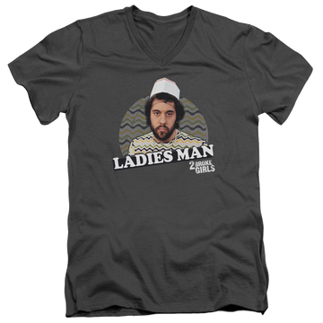 Charcoal men's v-neck t-shirt with 2 Broke Girls Ladies Man graphic