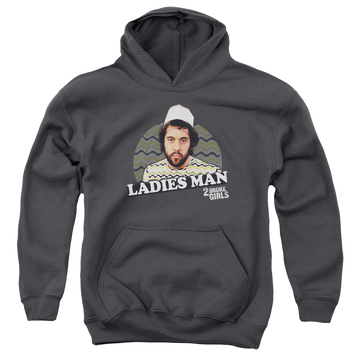 Charcoal youth hoodie for ages 8 to 12 with 2 Broke Girls Ladies Man graphic