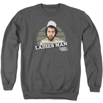 Charcoal men's crewneck sweatshirt with 2 Broke Girls Ladies Man graphic