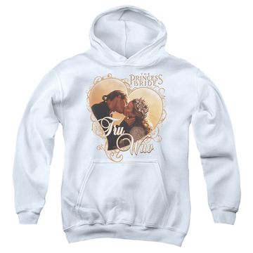 White youth hoodie for ages 8 to 12 with The Princess Bride Tru Wuv graphic