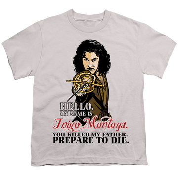 Silver youth t-shirt for ages 8 to 12 with The Princess Bride Hello graphic