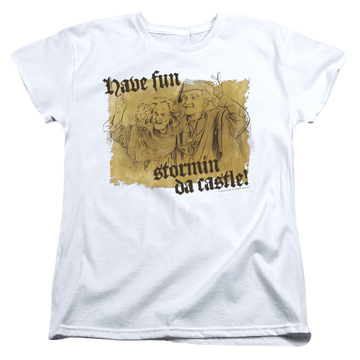 White women's t-shirt with The Princess Bride Stormin Da Castle graphic