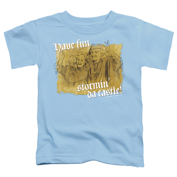 Light blue kid's t-shirt for ages 4 to 7 with The Princess Bride Stormin Da Castle graphic