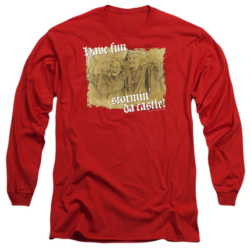 Red men's long sleeve t-shirt with The Princess Bride Stormin Da Castle graphic