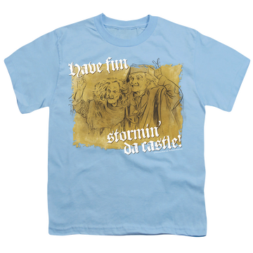 Light blue youth t-shirt for ages 8 to 12 with The Princess Bride Stormin Da Castle graphic