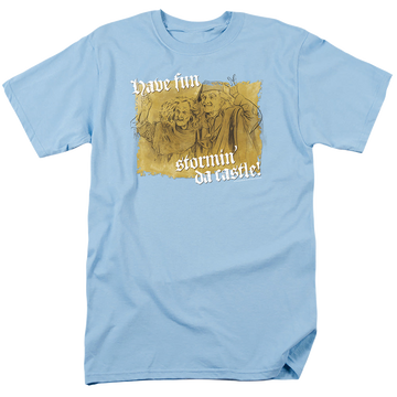 Light blue men's regular fit t-shirt with The Princess Bride Stormin Da Castle graphic