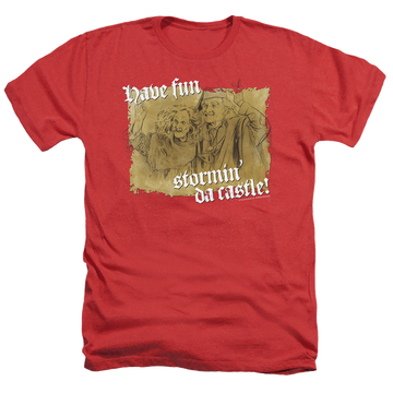 Red men's heather t-shirt with The Princess Bride Stormin Da Castle graphic