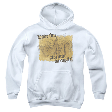 White youth hoodie for ages 8 to 12 with The Princess Bride Stormin Da Castle graphic