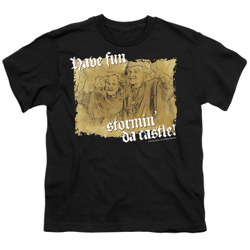 Black kid's t-shirt for ages 4 to 7 with The Princess Bride Stormin Da Castle graphic
