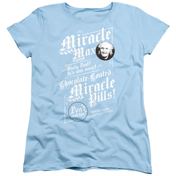 Light blue women's t-shirt with The Princess Bride Miracle Max graphic