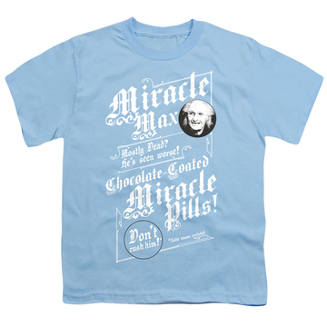 Light blue youth t-shirt for ages 8 to 12 with The Princess Bride Miracle Max graphic