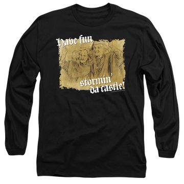 Black men's long sleeve t-shirt with The Princess Bride Stormin Da Castle graphic