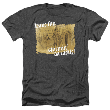 Black men's heather t-shirt with The Princess Bride Stormin Da Castle graphic