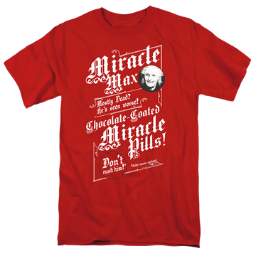 Red men's regular fit t-shirt with The Princess Bride Miracle Max graphic