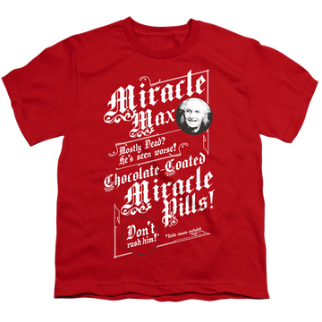 Red youth t-shirt for ages 8 to 12 with The Princess Bride Miracle Max graphic
