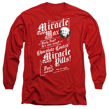 Red men's long sleeve t-shirt with The Princess Bride Miracle Max graphic