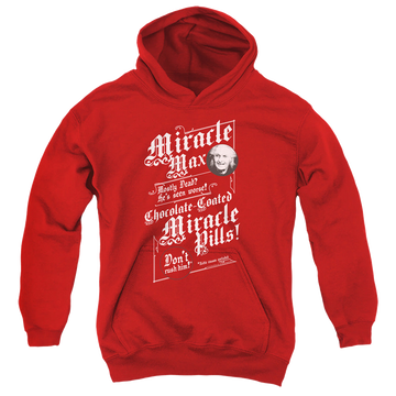 Red youth hoodie for ages 8 to 12 with The Princess Bride Miracle Max graphic