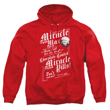 Red pullover hoodie with The Princess Bride Miracle Max graphic