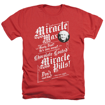 Red men's heather t-shirt with The Princess Bride Miracle Max graphic