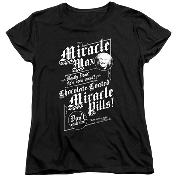 Black women's t-shirt with The Princess Bride Miracle Max graphic