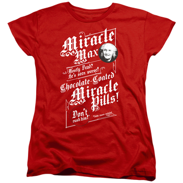Red women's t-shirt with The Princess Bride Miracle Max graphic