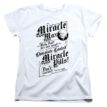 White women's t-shirt with The Princess Bride Miracle Max graphic