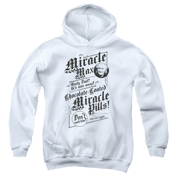 White youth hoodie for ages 8 to 12 with The Princess Bride Miracle Max graphic
