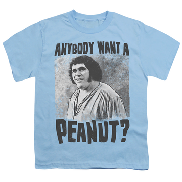 Light blue youth t-shirt for ages 8 to 12 with The Princess Bride A Giant Snack graphic