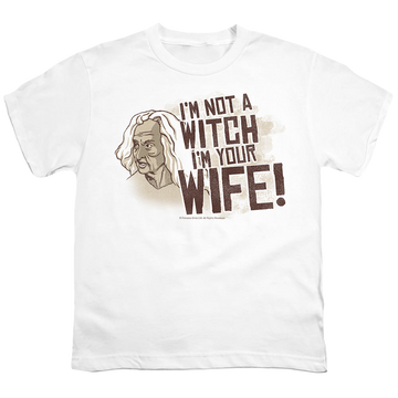 White youth t-shirt for ages 8 to 12 with The Princess Bride Not A Witch graphic