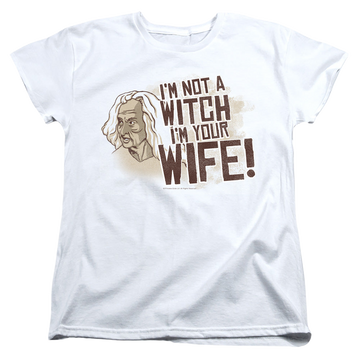 White women's t-shirt with The Princess Bride Not A Witch graphic