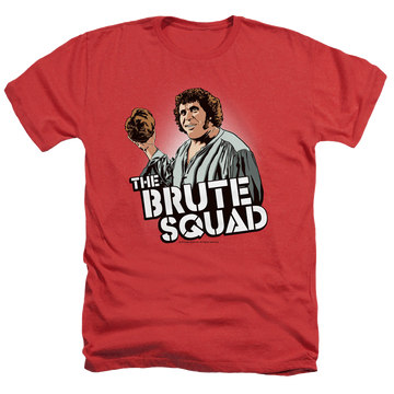 Red men's heather t-shirt with The Princess Bride Brute Squad graphic