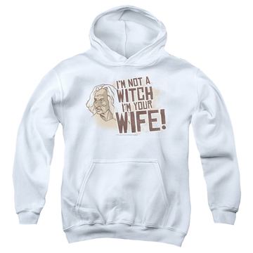 White youth hoodie for ages 8 to 12 with The Princess Bride Not A Witch graphic