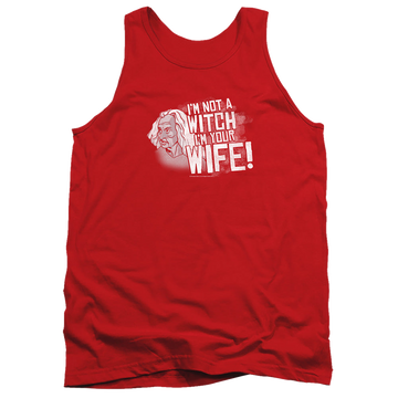 Red men's tank with The Princess Bride Not A Witch graphic