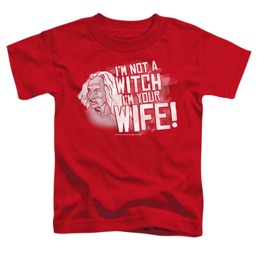 Red kid's t-shirt for ages 4 to 7 with The Princess Bride Not A Witch graphic
