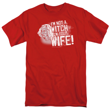 Red men's regular fit t-shirt with The Princess Bride Not A Witch graphic