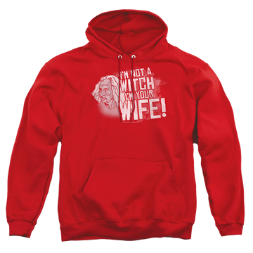 Red pullover hoodie with The Princess Bride Not A Witch graphic