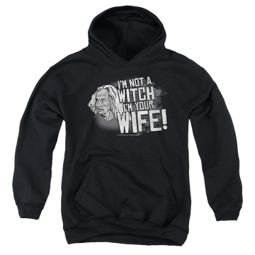 Black youth hoodie for ages 8 to 12 with The Princess Bride Not A Witch graphic