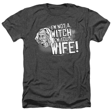 Black men's heather t-shirt with The Princess Bride Not A Witch graphic