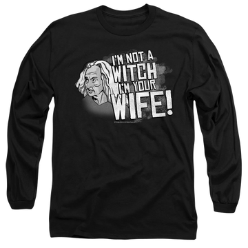 Black men's long sleeve t-shirt with The Princess Bride Not A Witch graphic