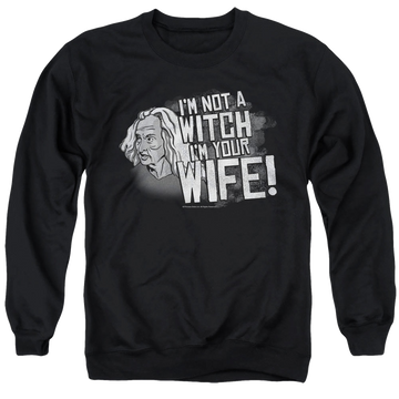 Black men's crewneck sweatshirt with The Princess Bride Not A Witch graphic