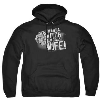 Black pullover hoodie with The Princess Bride Not A Witch graphic